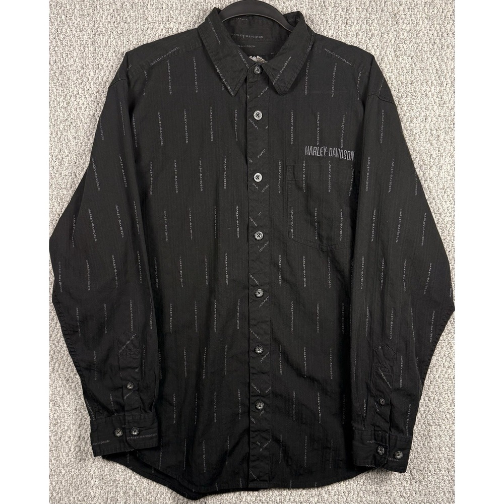 Harley-Davidson Black Logo Print Button Up Shirt Mens‎ L Biker Motorcycle Casual